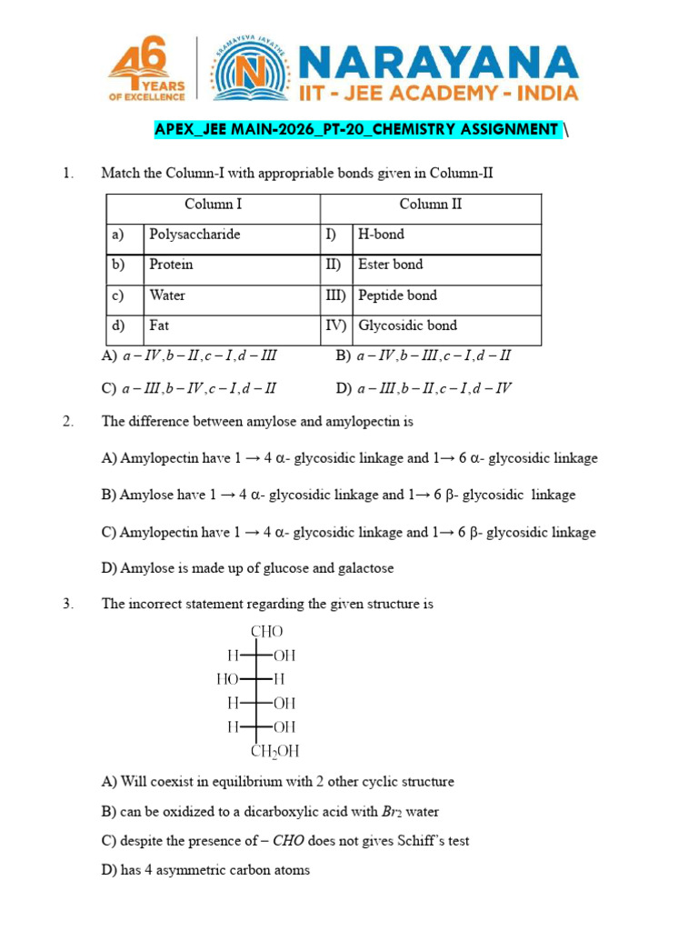 Chemistry Assignment for JEE Main 2026 | PDF | Amine | Amino Acid