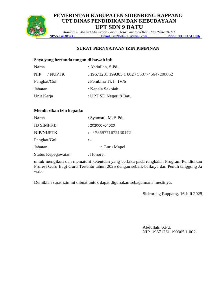 Surat Izin Program Pendidikan Guru 2025 | PDF