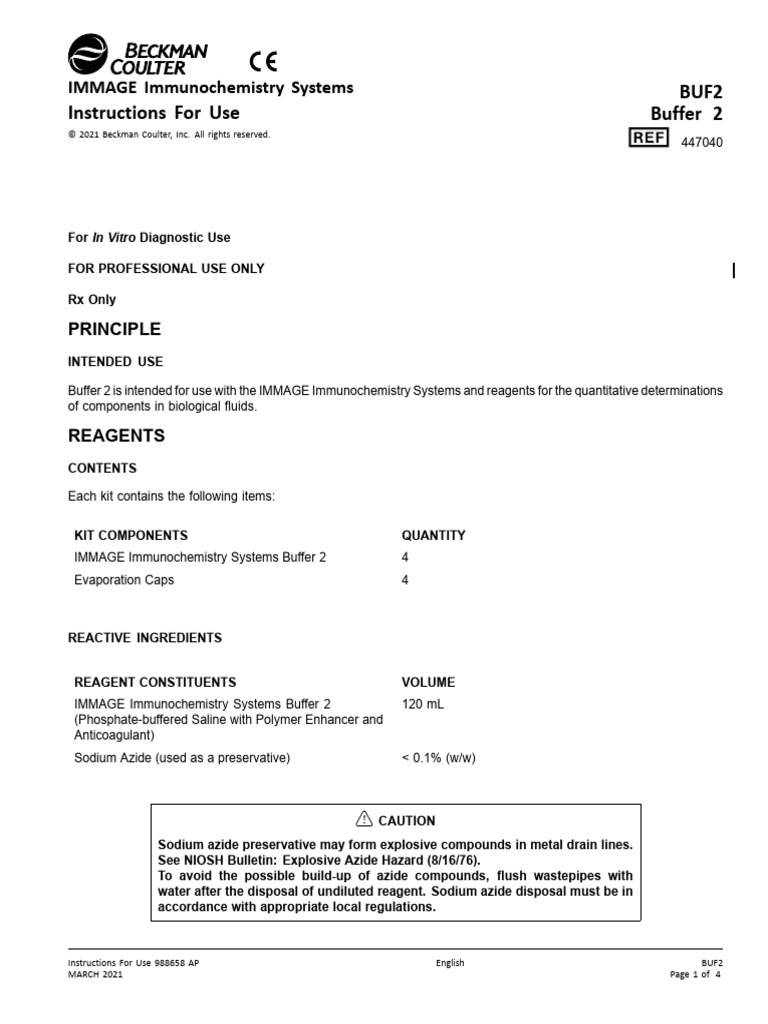 IMMAGE Buffer 2 Instructions for Use | PDF | Chemical Substances