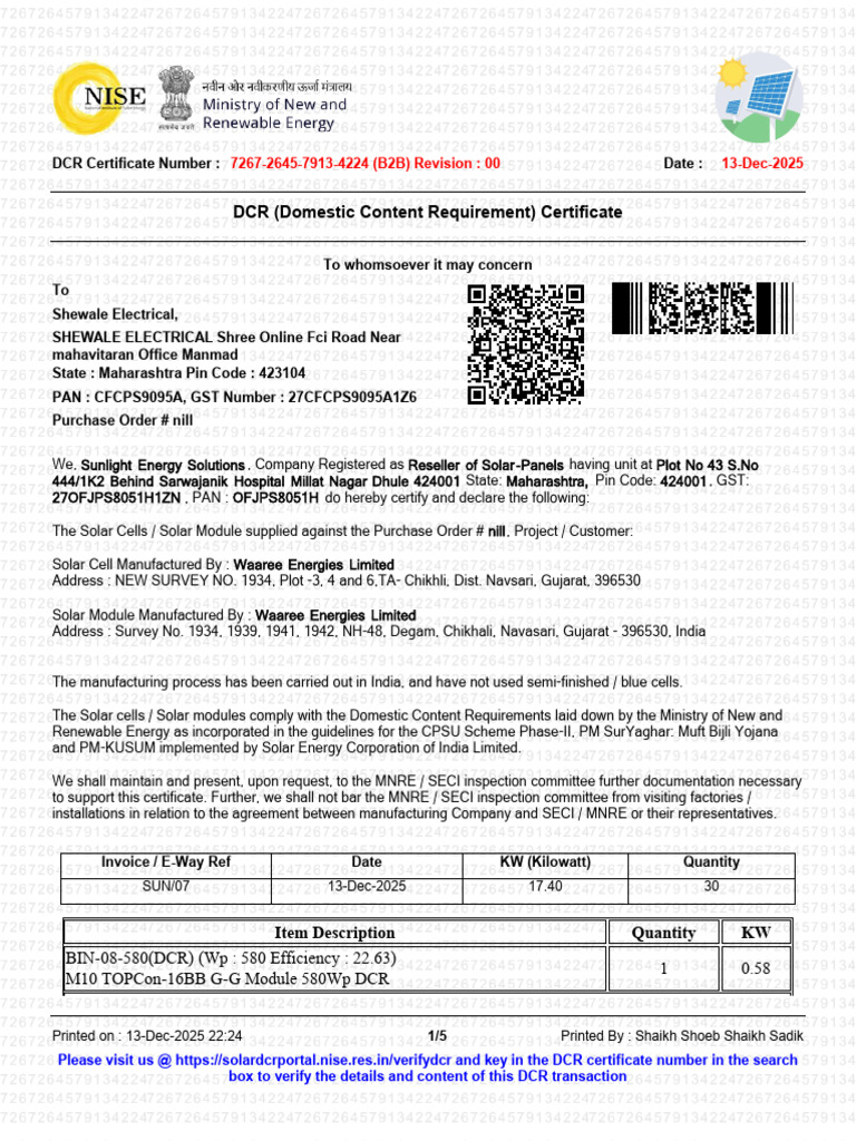 DCR Certificate for Solar Modules 580Wp | PDF | Photovoltaics | Energy ...