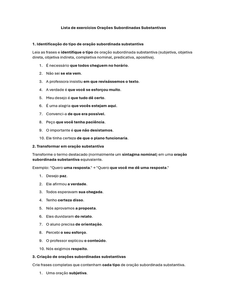 Exercícios sobre Orações Subordinadas | PDF