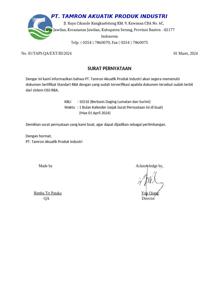 Surat Pernyataan Sertifikat RBA PT Tamron | PDF