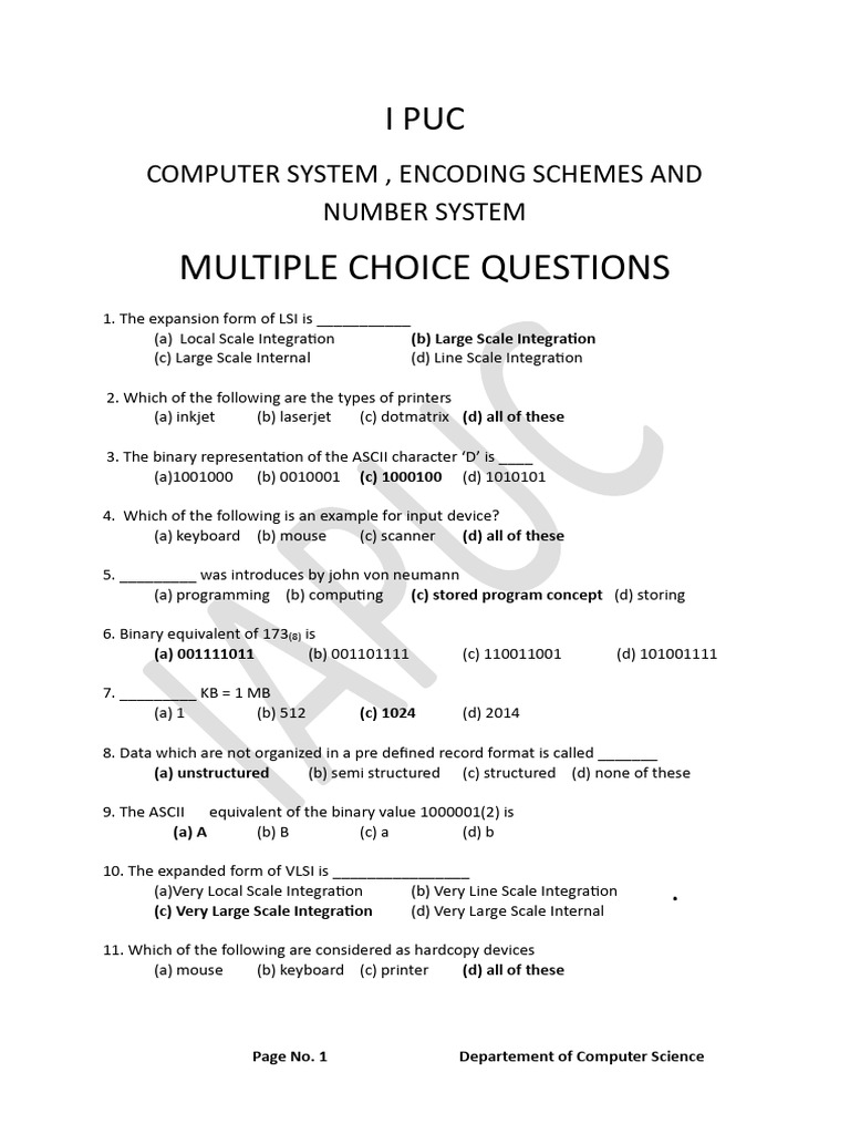 Computer Science MCQs on Encoding and Systems | PDF | Computer Data ...