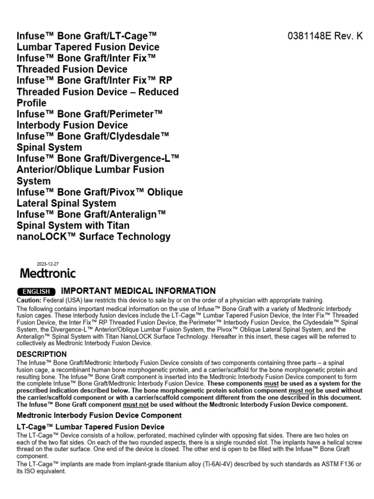 Infuse™ Bone Graft Fusion Devices Guide | PDF | Vertebra