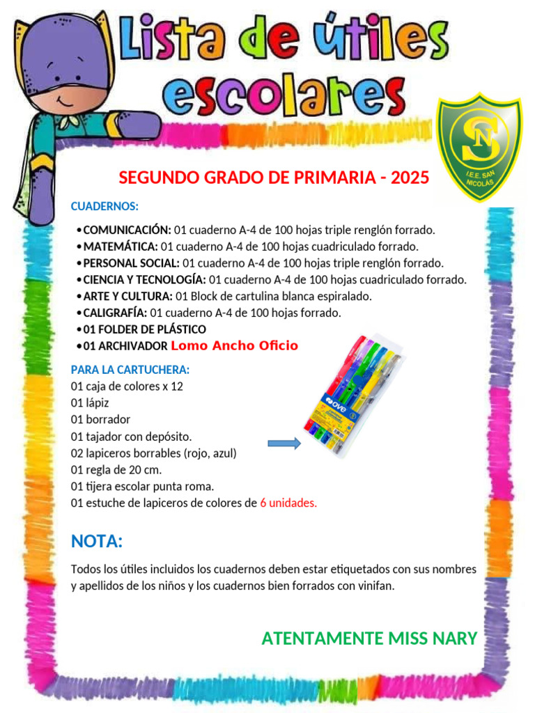 Útiles Escolares Segundo Grado 2025 | PDF