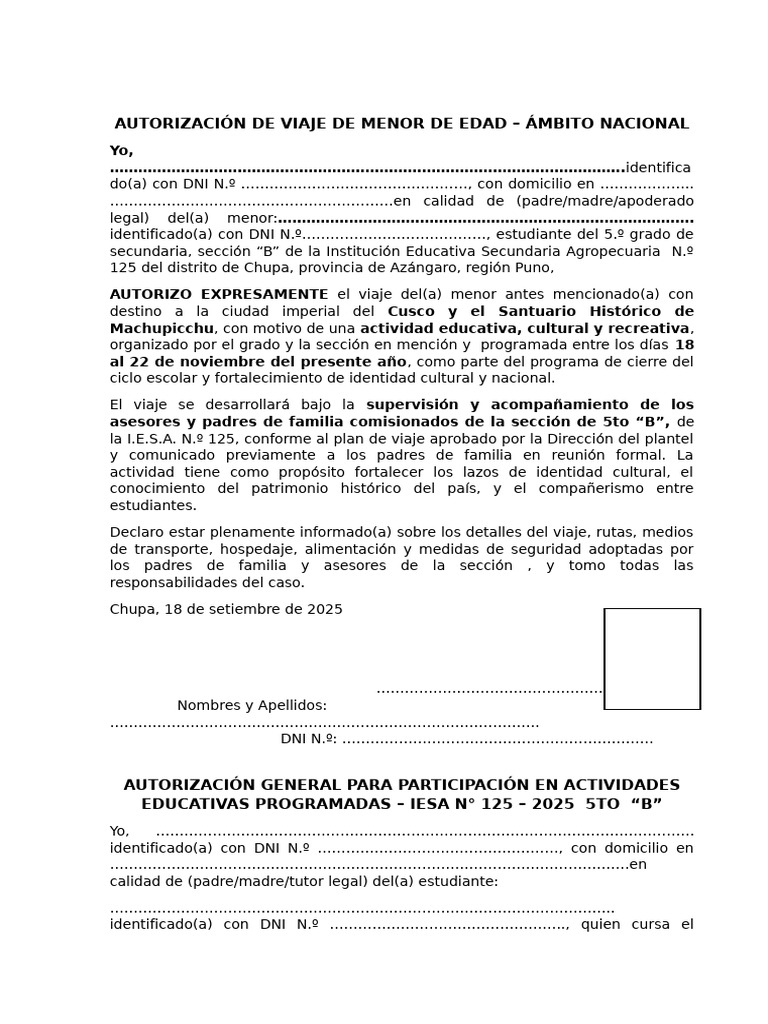 Autorización de Viaje para Menores 2025 | PDF