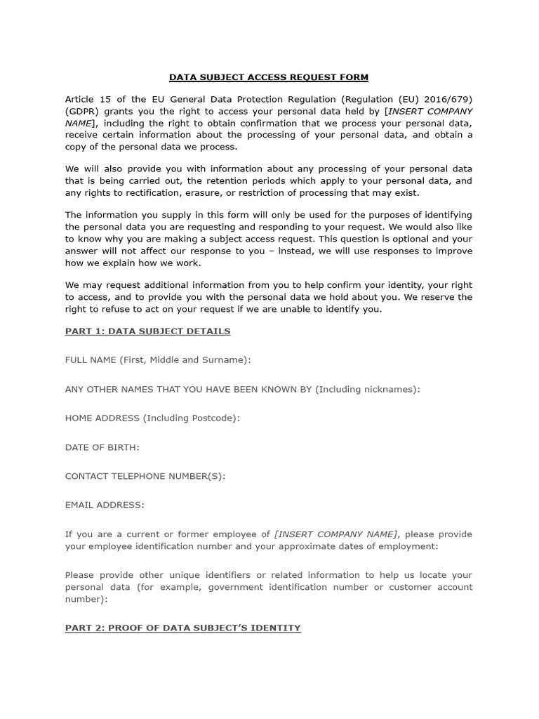GDPR Data Subject Access Request Form | PDF | Identity Document ...