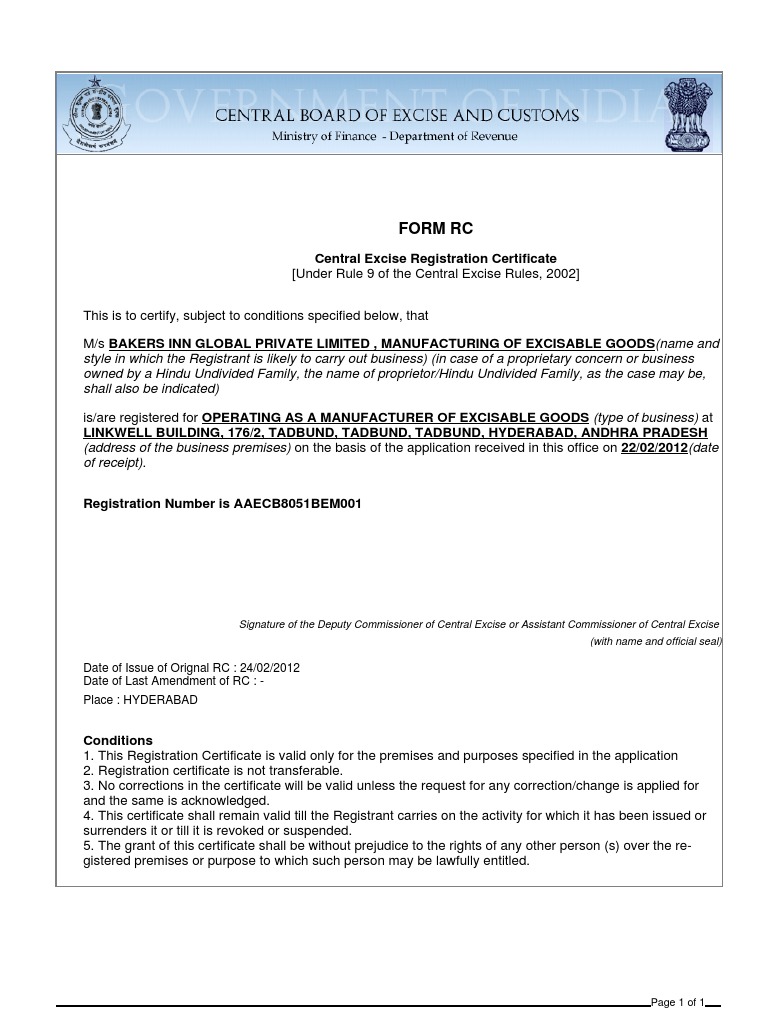 Form RC: Central Excise Registration Certificate | PDF | Finance ...