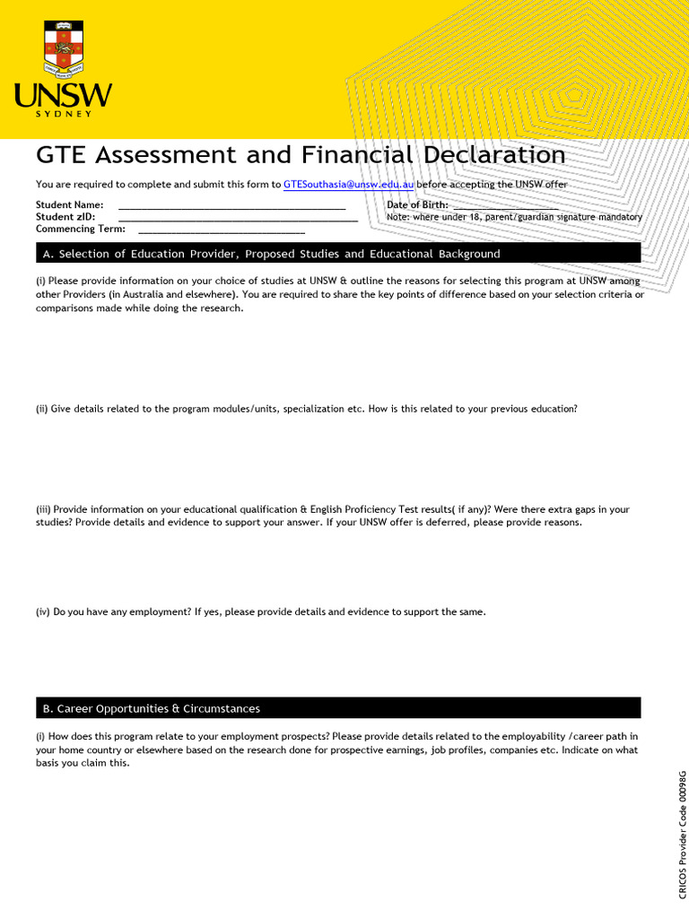 GTE Assessment and Financial Declaration 180923 | PDF | Cost Of Living ...