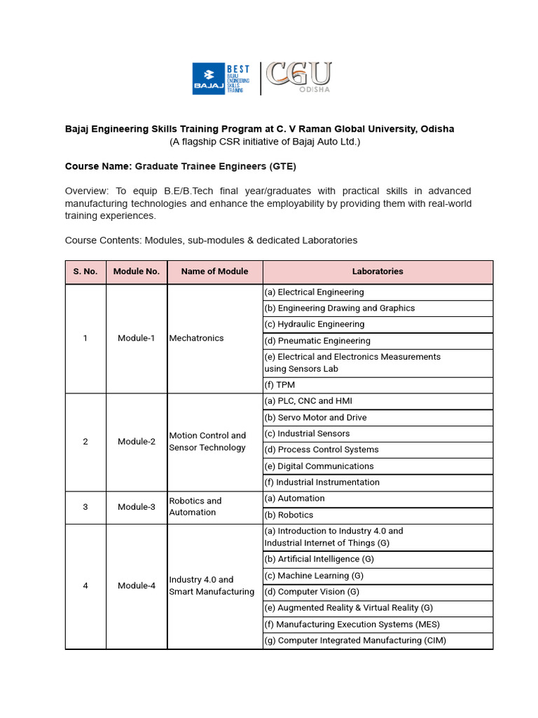 Bajaj GTE Program at C.V. Raman University | PDF | Mechatronics ...