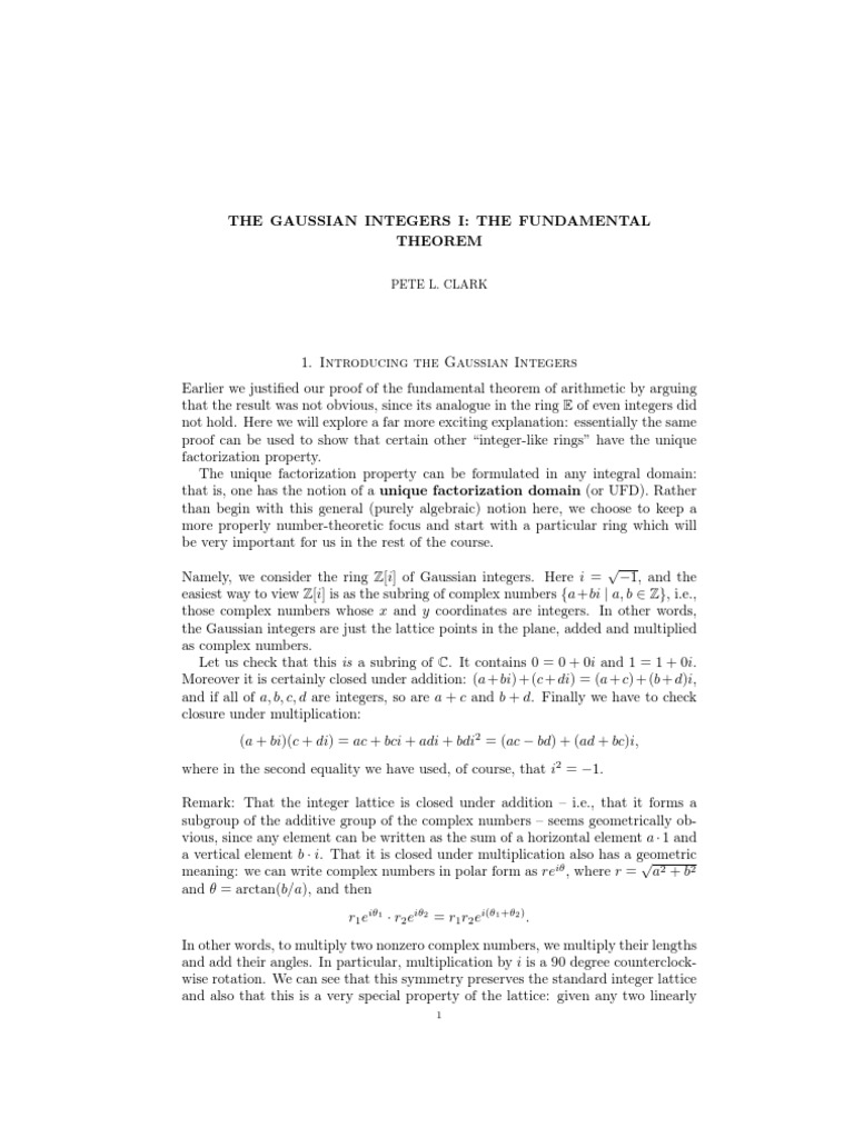 Gaussian Integers Unique Factorization Pdf Integer Ring