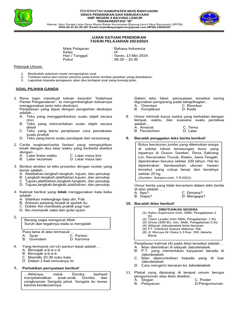 Soal Ujian Bahasa Indonesia Kelas IX | PDF