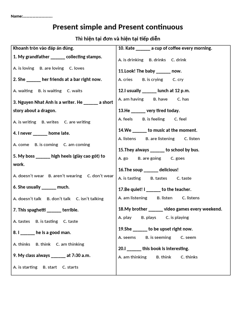 Present Simple and Present Continuous Quick Exercise | PDF | Chess ...