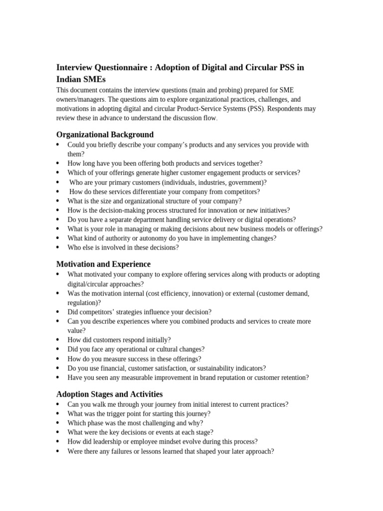 Interview Questions for SMEs | PDF | Business Economics | Social Psychology
