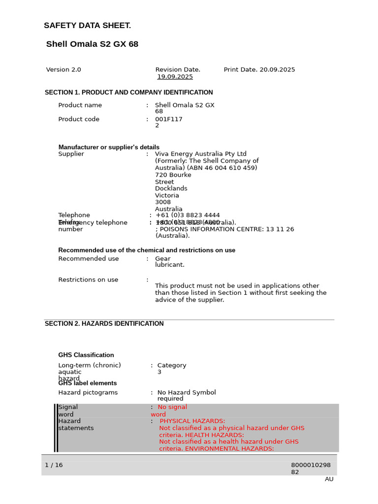 Shell Omala S2 GX 68 Safety Data Sheet | PDF | Toxicity