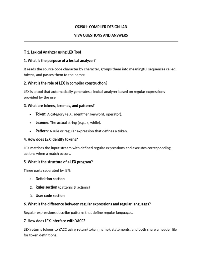 Compiler Design Lab: VIVA Q&A Guide | PDF | Parsing | Compiler