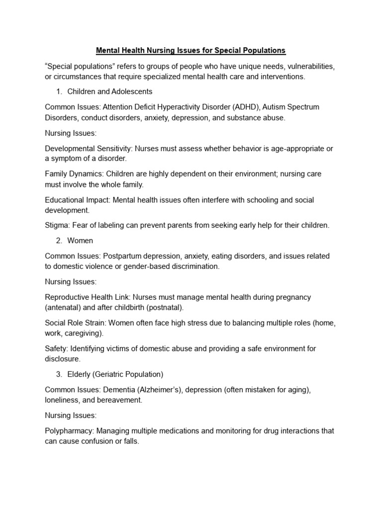 Mental Health Nursing for Special Populations | PDF | Mental Disorder ...