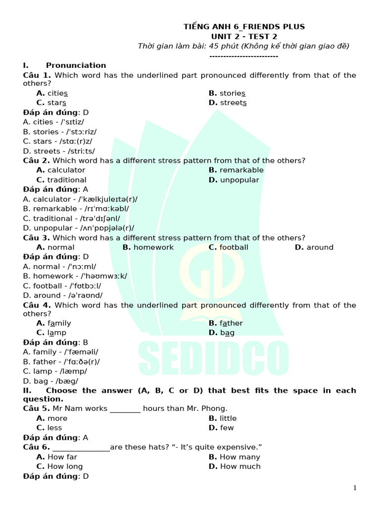 English Test for Grade 6 - Unit 2 | PDF