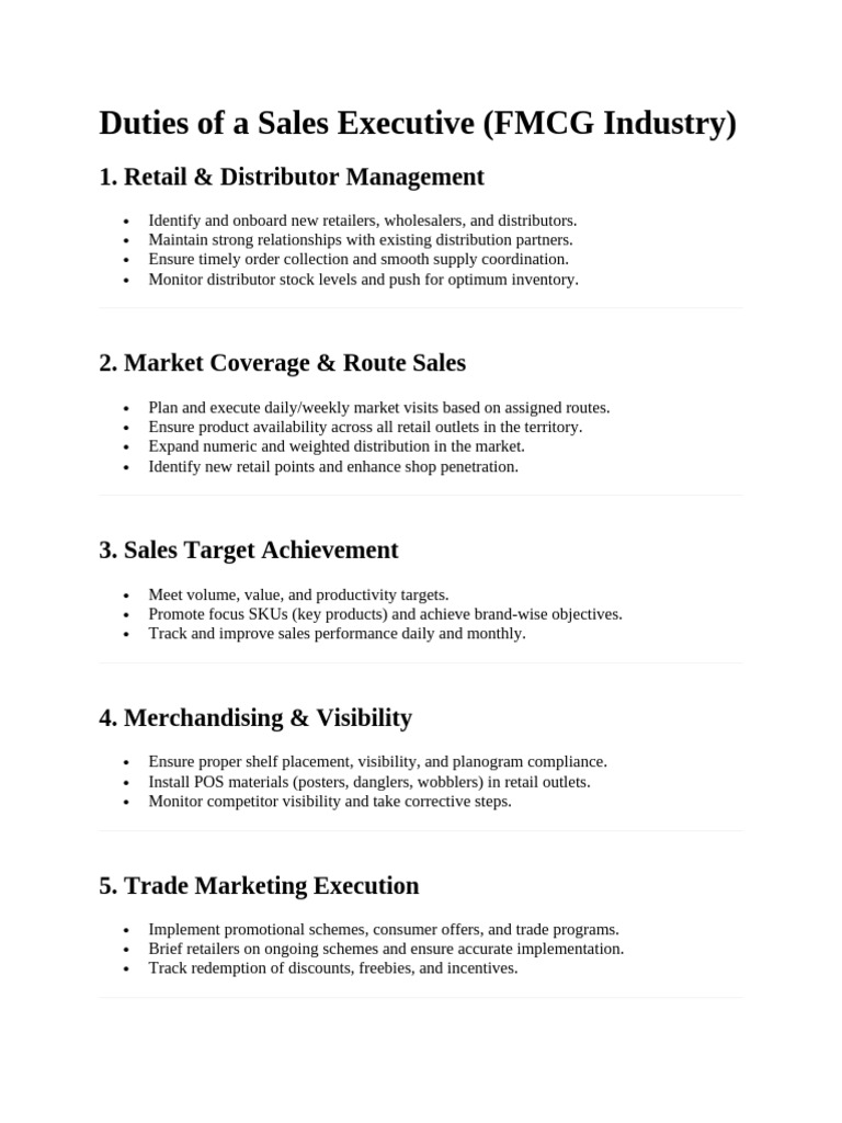 Sales Executive Duties in FMCG Sector | PDF