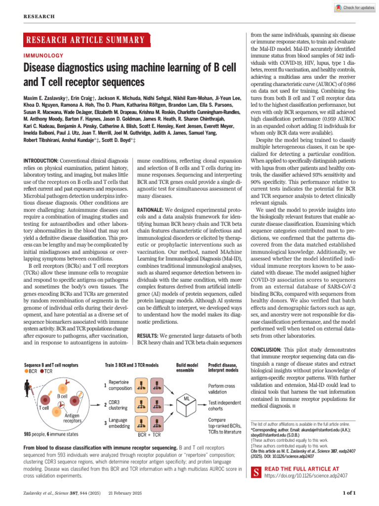 [2025, Scicence] Disease Diagnostics Using Machine Learning of B Cell ...