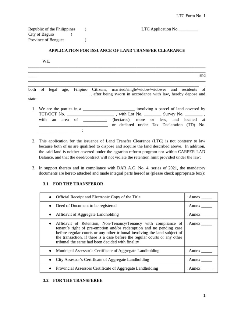 DAR Application For Issuance of Land Transfer Clearance | PDF | Justice ...