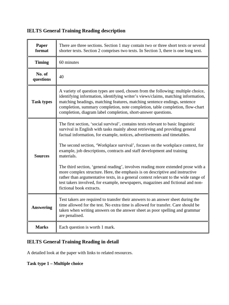 IELTS General Training Reading Overview | PDF