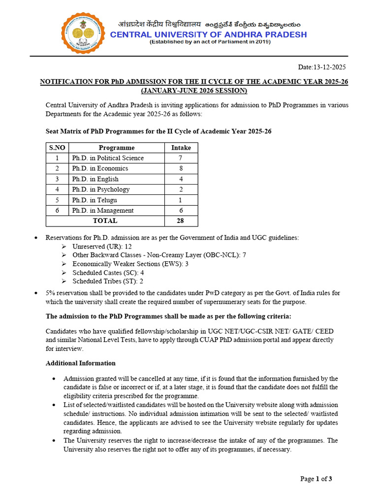 Notification For PHD Admissions, 2025-26 (Jan-June 2026 Session) | PDF ...