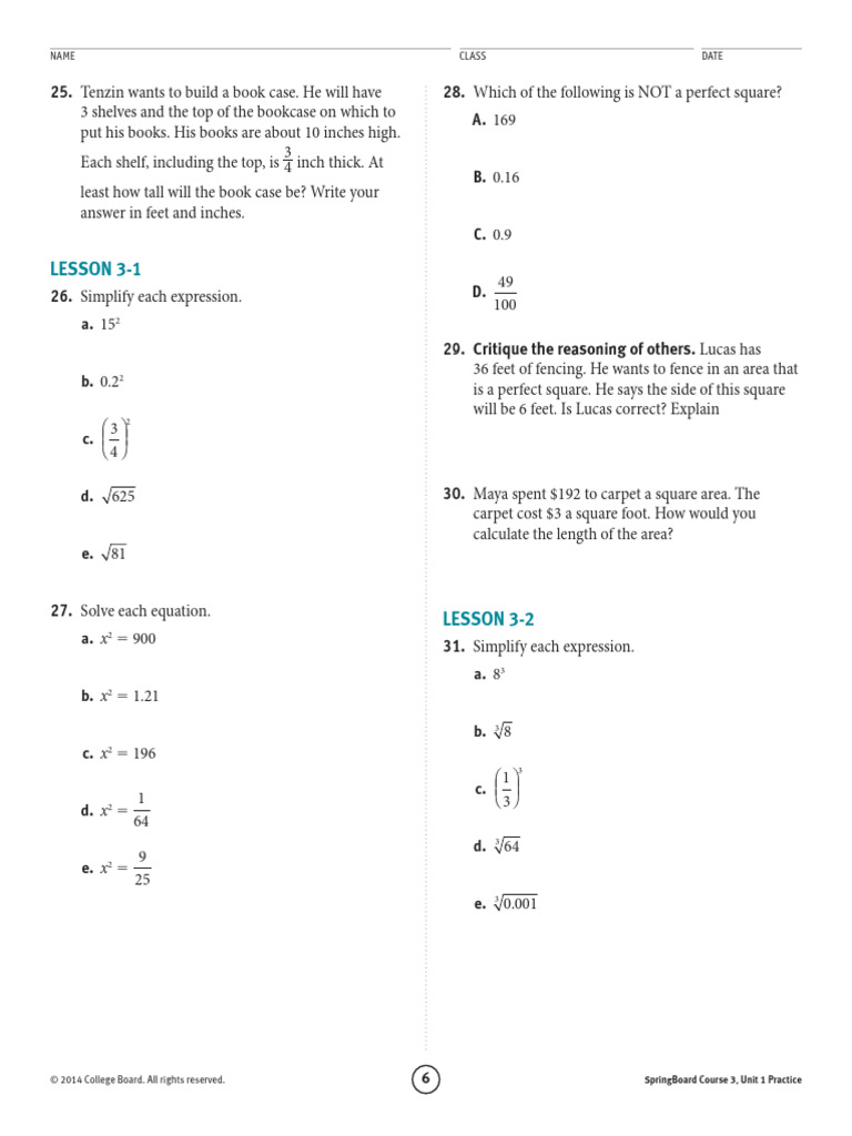 SpringBoard Course 3 Unit 1 Practice | PDF | Planets | Mathematics