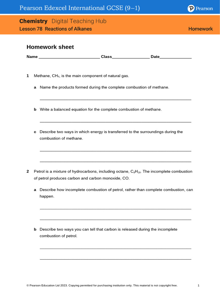 Combustion and Substitution Reactions Worksheet | PDF | Alkane | Methane