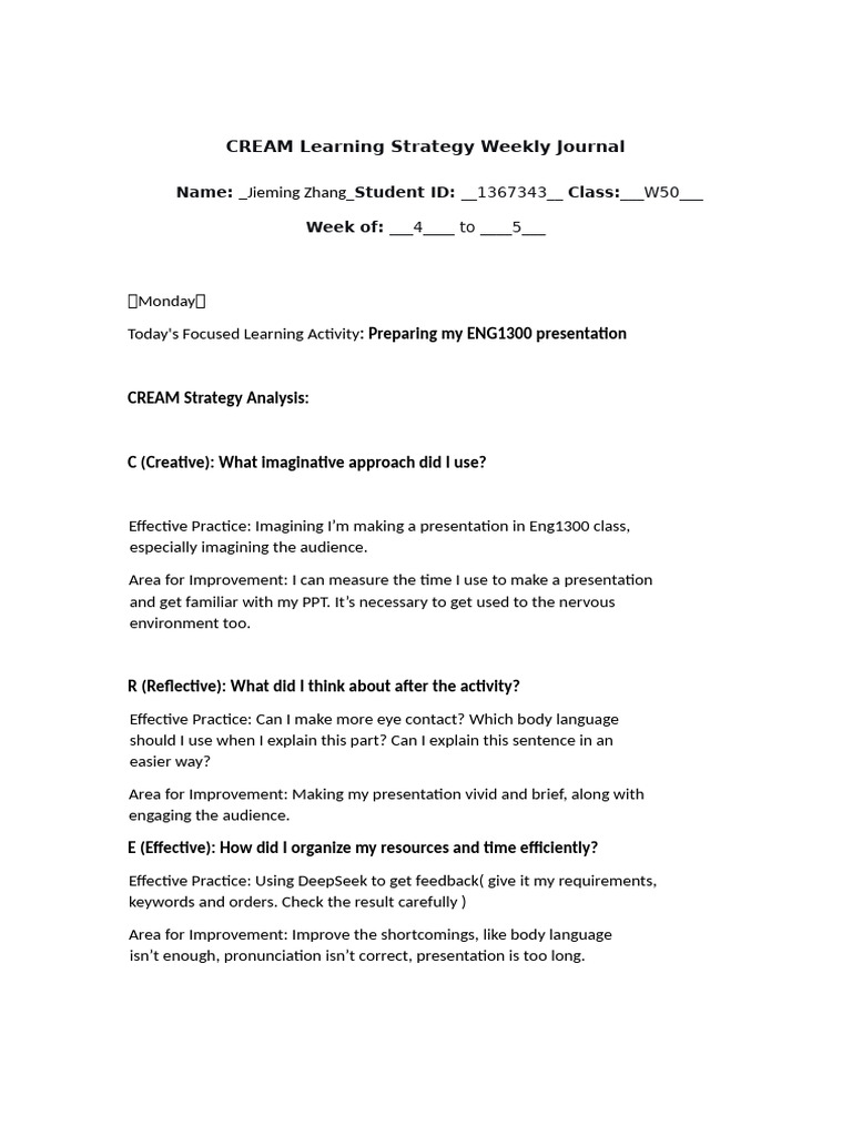 Weekly CREAM Learning Journal | PDF | Reading Comprehension | Creativity