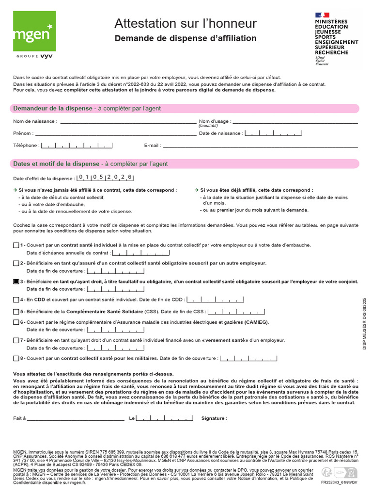 Demande de Dispense d'Affiliation Santé | PDF | Assurance