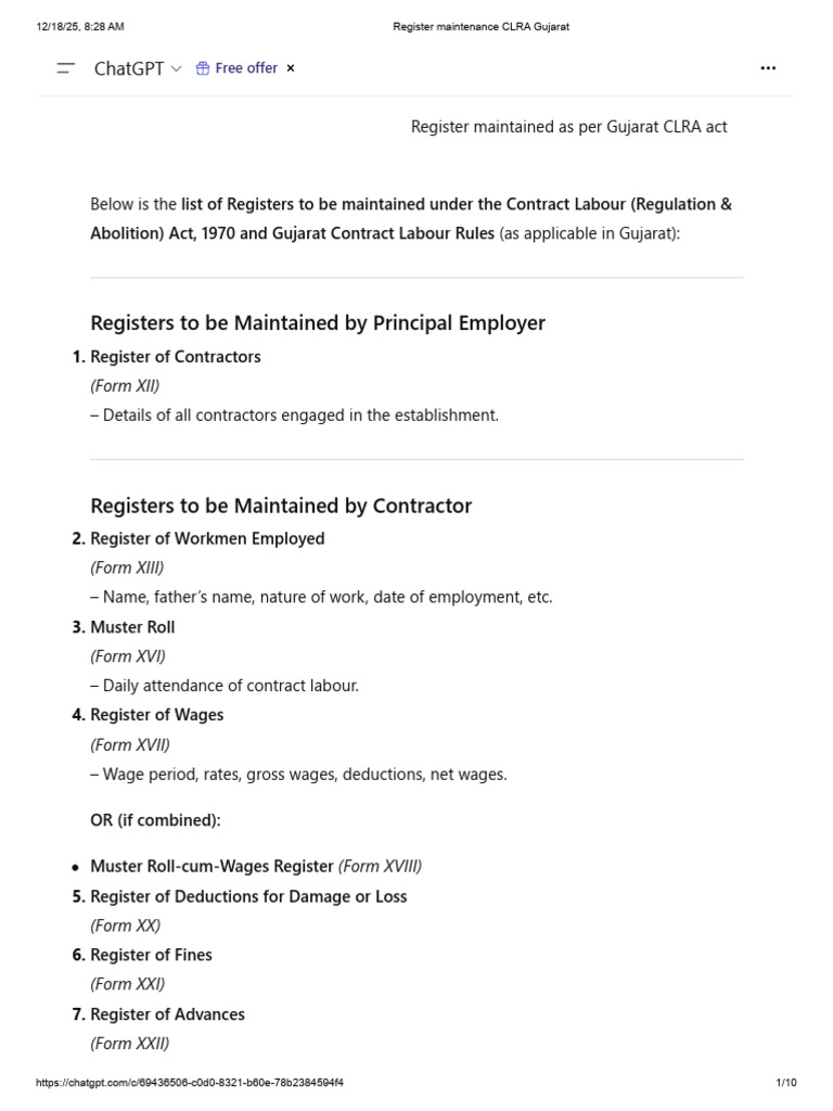 CLRA Register Maintenance in Gujarat | PDF | Employment | Overtime