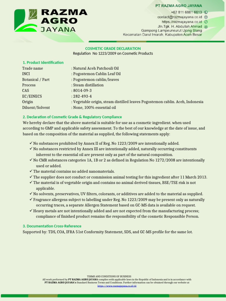 Cosmetic Grade Declaration for Patchouli Oil | PDF | Cosmetics