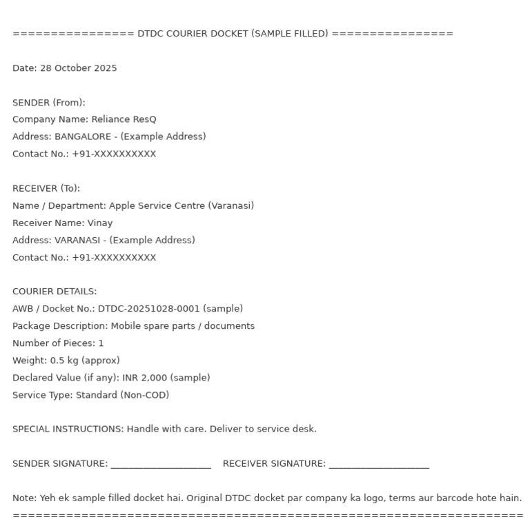 Sample DTDC Courier Docket Form | PDF