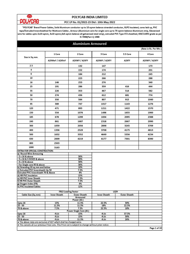 Power Cable Specifications and Rates | PDF | Wire | Electrical Wiring