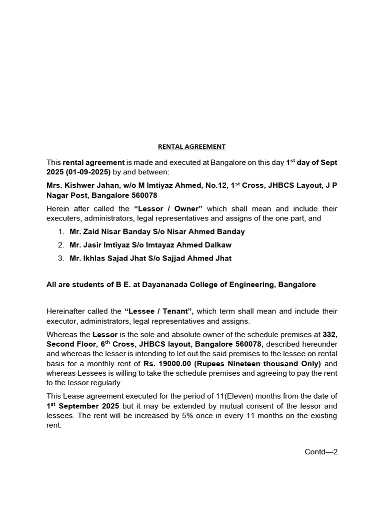 Bangalore Rental Agreement Template | PDF | Lease | Civil Law (Common Law)