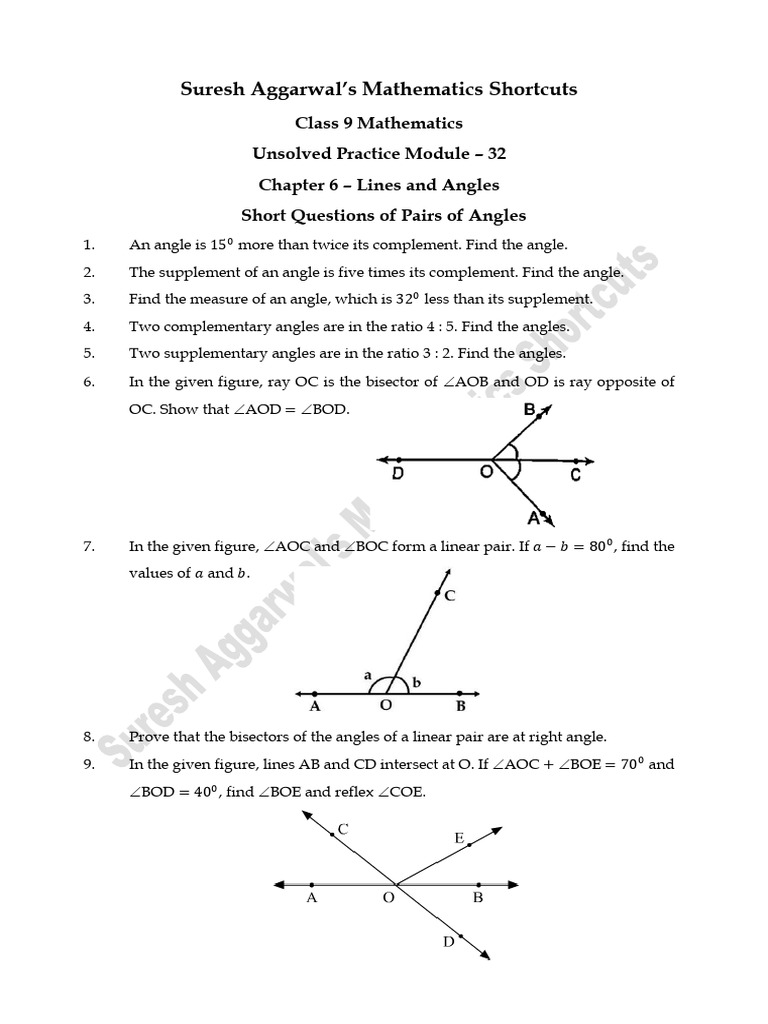 Class 9 Lines and Angles Practice | PDF | Angle | Elementary Mathematics
