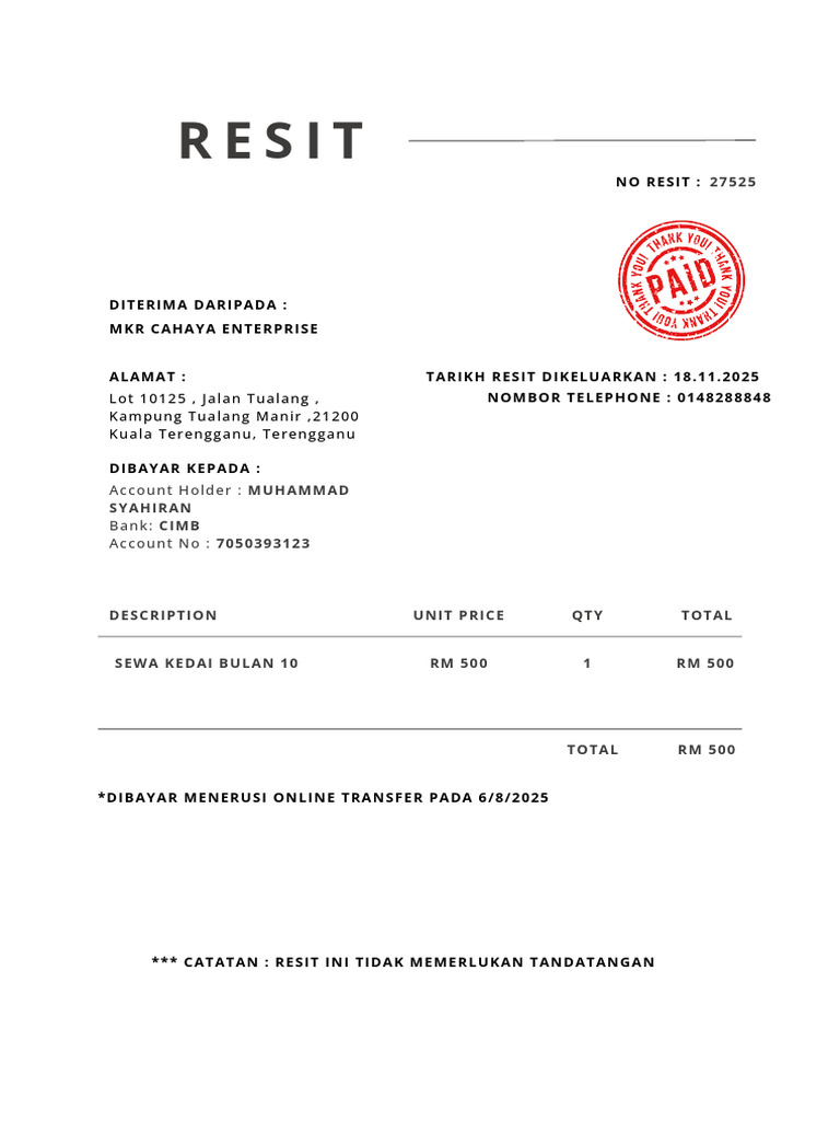 Resit Bayaran Sewa Kedai Bulan 10 | PDF