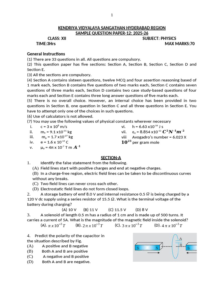 Class XII Physics Sample Paper 2025-26 | PDF | Photoelectric Effect | Light