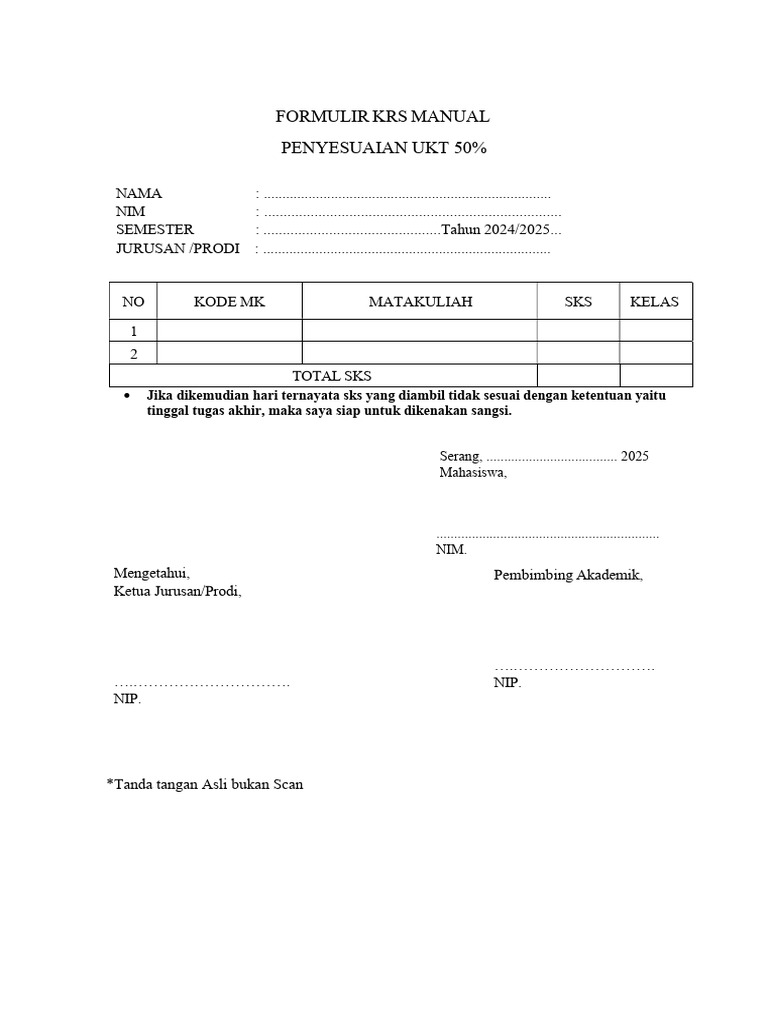 Formulir KRS Manual UKT 50% 2024/2025 | PDF