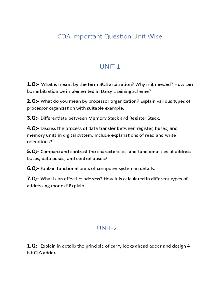 COA Unit-Wise Important Questions | PDF | Input/Output | Central ...