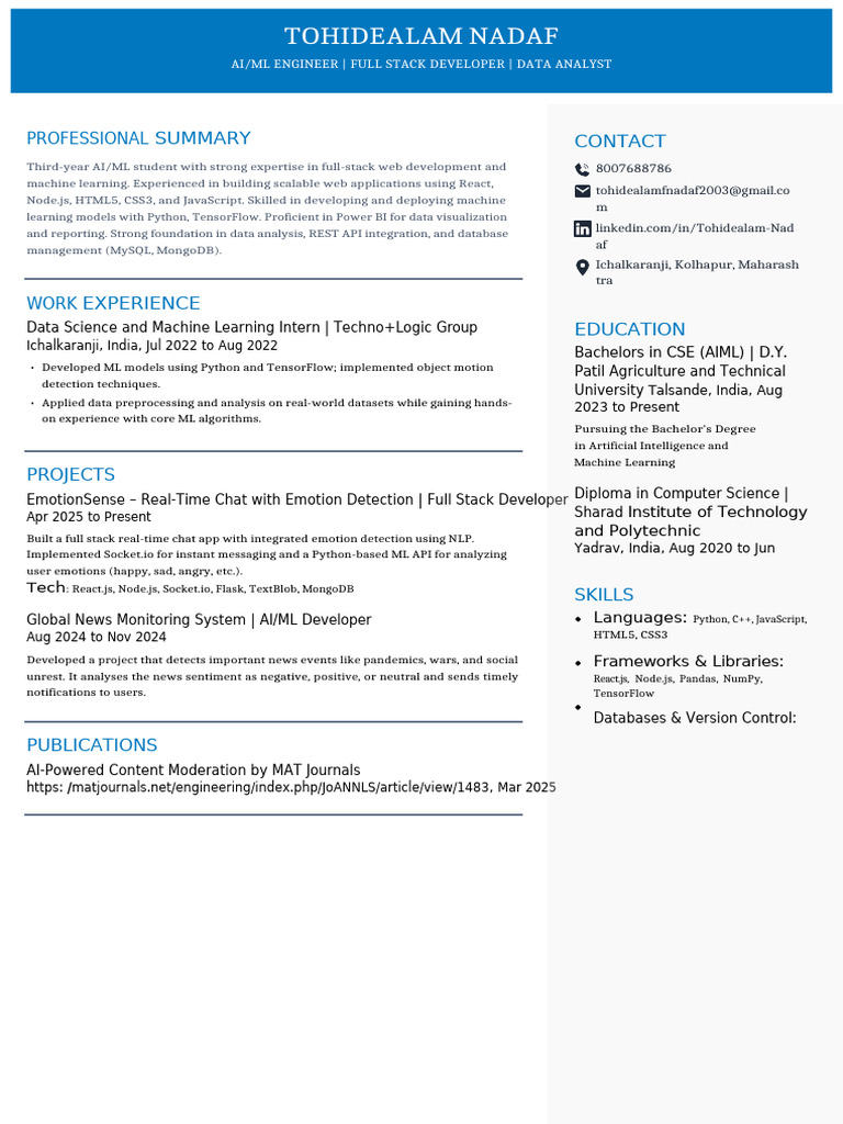 AI/ML Engineer & Full Stack Developer | PDF | Artificial Intelligence ...