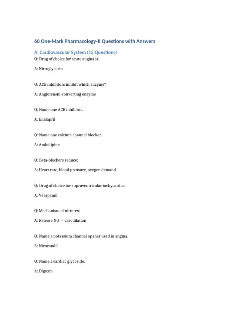 60 Pharmacology Questions & Answers | PDF | Drugs