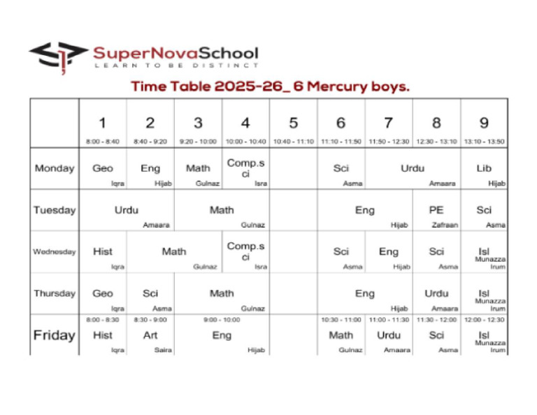 Timetable 2025-26 Grade 6 | PDF