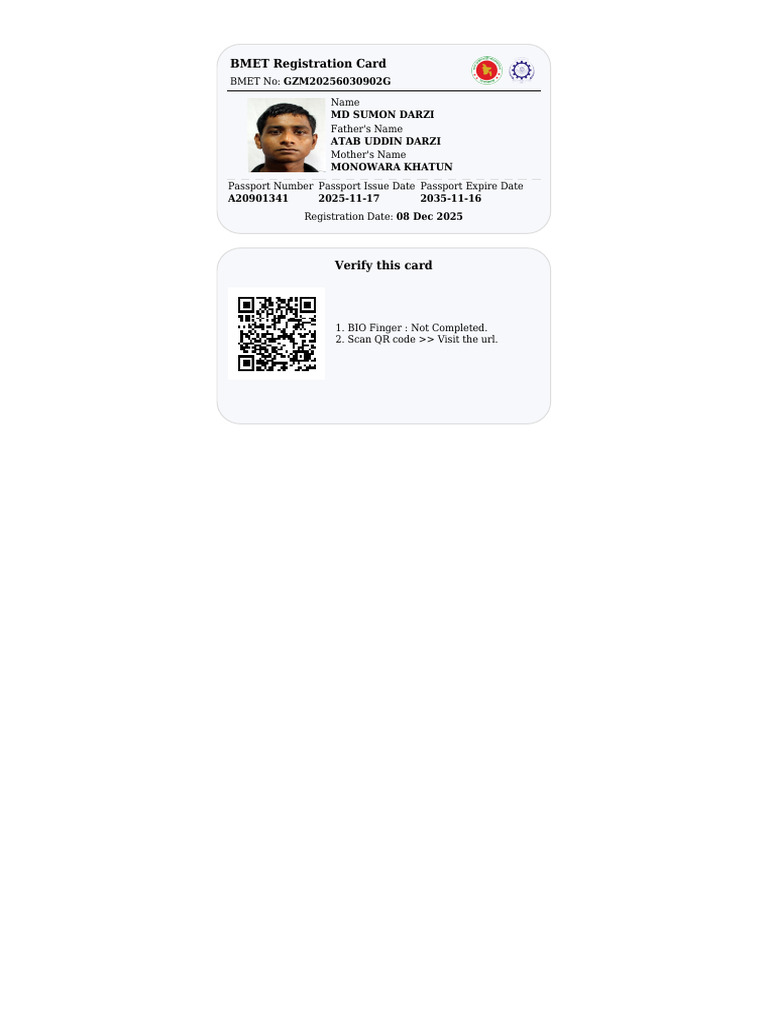 BMET Registration Card: MD Sumon Darzi Atab Uddin Darzi Monowara Khatun ...
