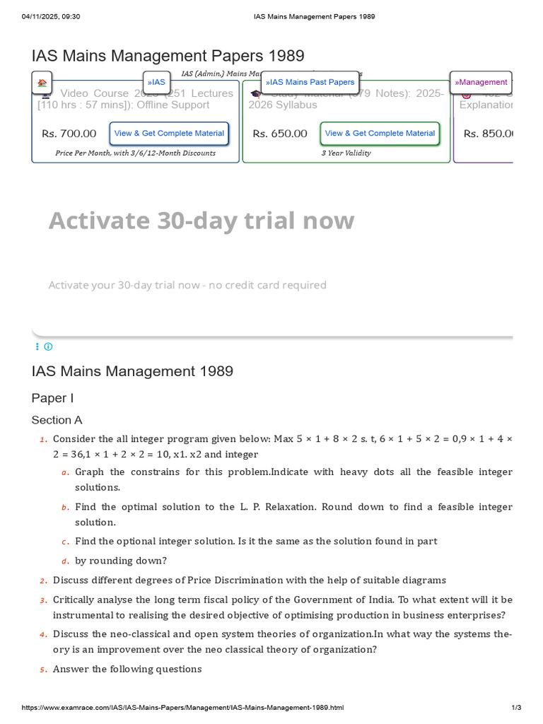 IAS Mains Management Papers 1989 | PDF | Business
