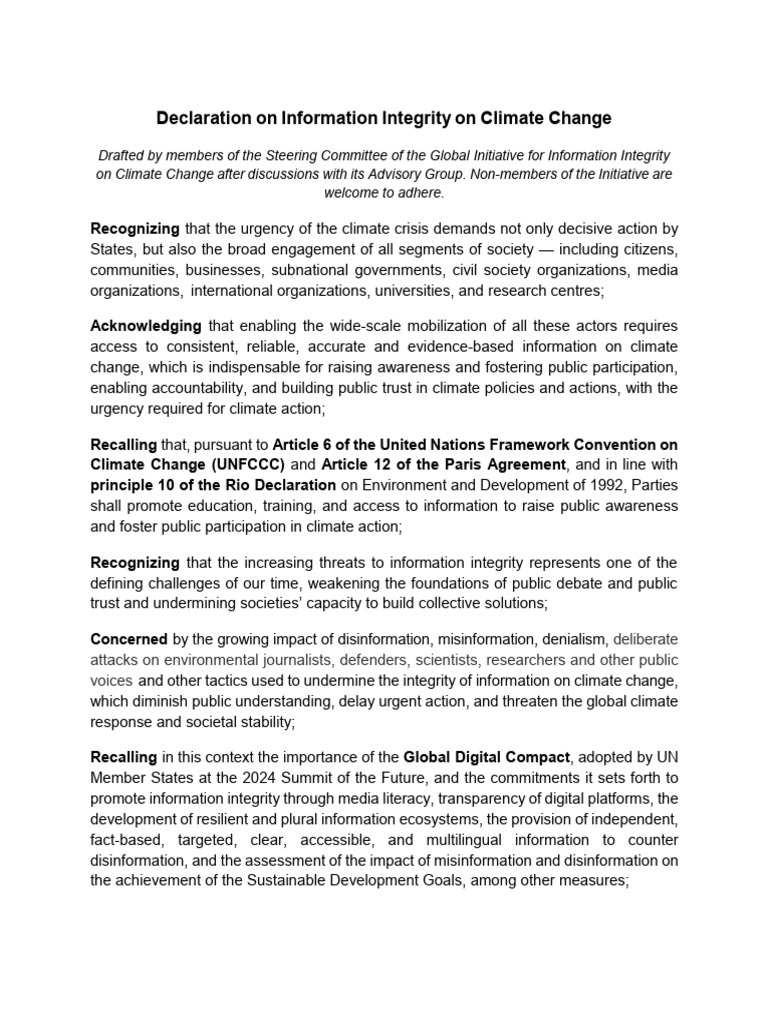 Declaration On Information Integrity On Climate Change | PDF ...