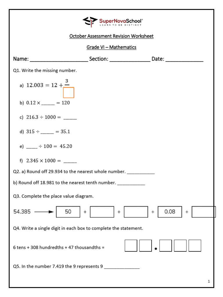 Grade VI Math Assessment Worksheet | PDF | Rectangle | Circle