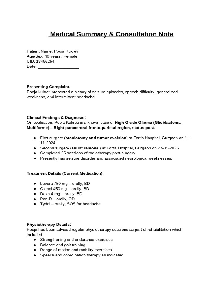 Medical Consultation Note Fortis | PDF