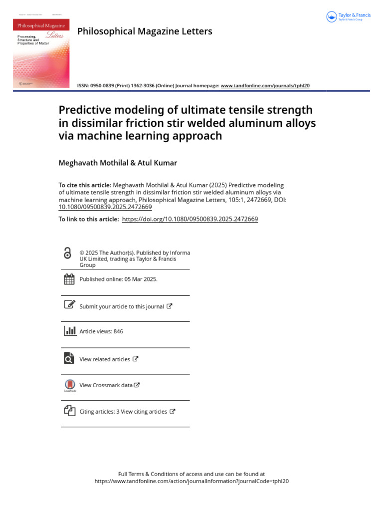 Predictive Modeling of Ultimate Tensile Strength in Dissimilar Friction ...
